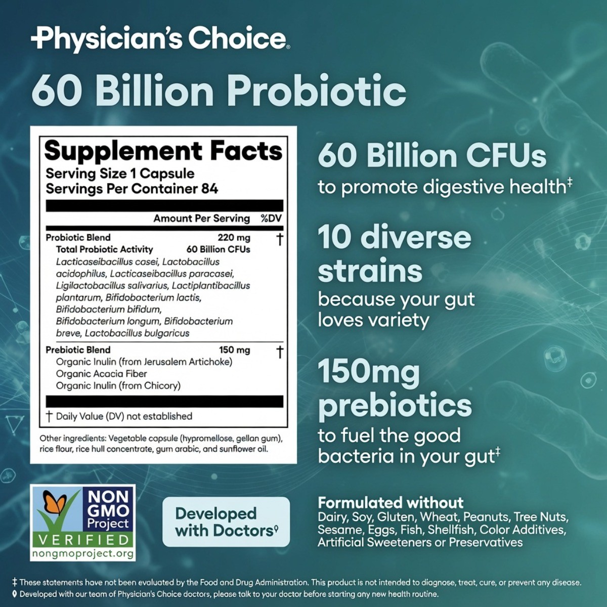 Physician’s Choice 60 Billion Probiotic 84 Caps -10 Strain +Prebiotic,Gut Health