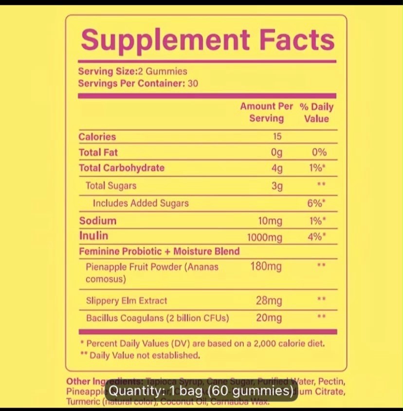 1pk Slippery Kitty Women’s Probiotic Gummies 60counts Pineapple Flavor Glue Free
