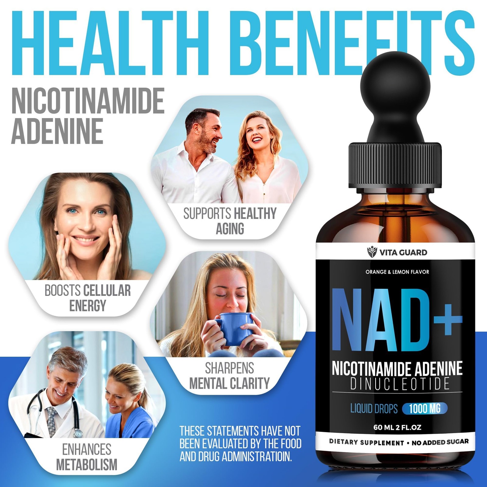 Vita Guard Pure NAD+ Supplements 1000mg Liquid Drops for 2 Fl Oz (Pack of 1)