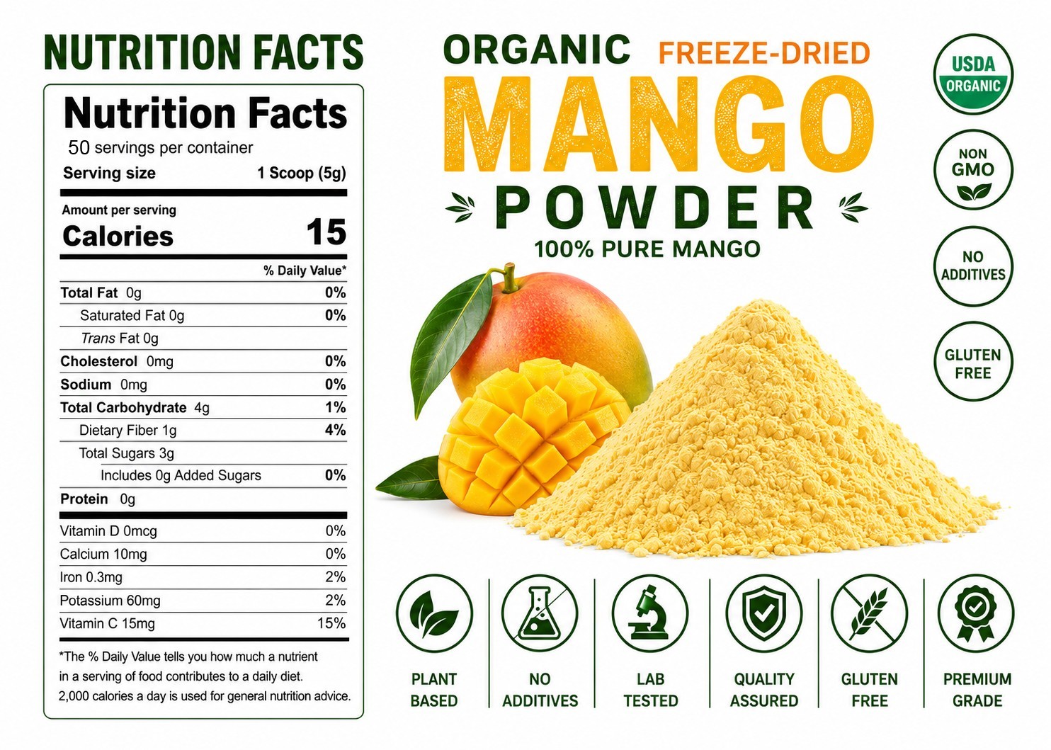 Organic Mango Powder Freeze Dried Pure Fruit Superfood Smoothie Vegan Non GMO