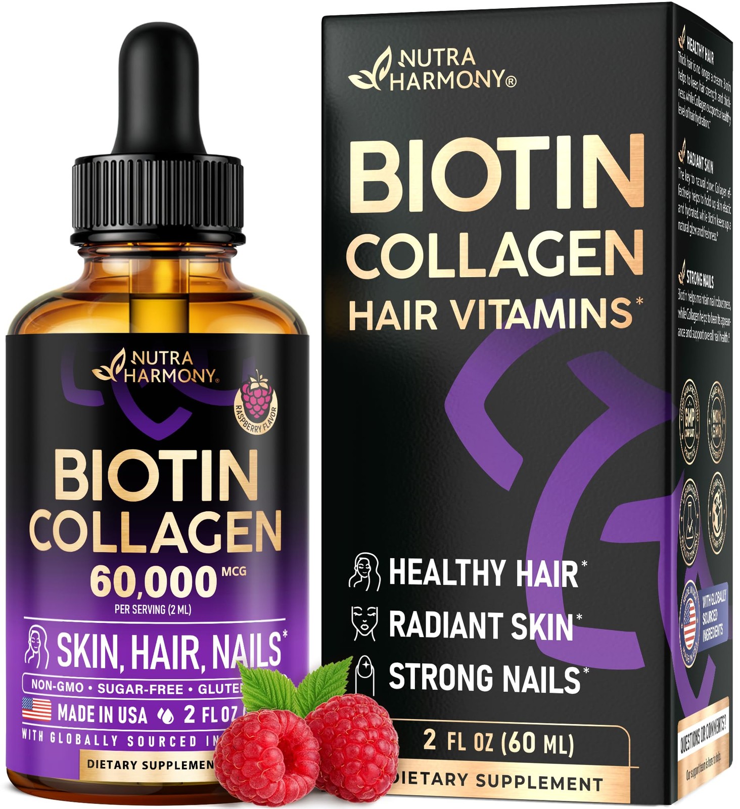 Liquid Biotin & Collagen 60,000 mcg – Vitamins for Hair 2 Fl Oz (Pack of 1)
