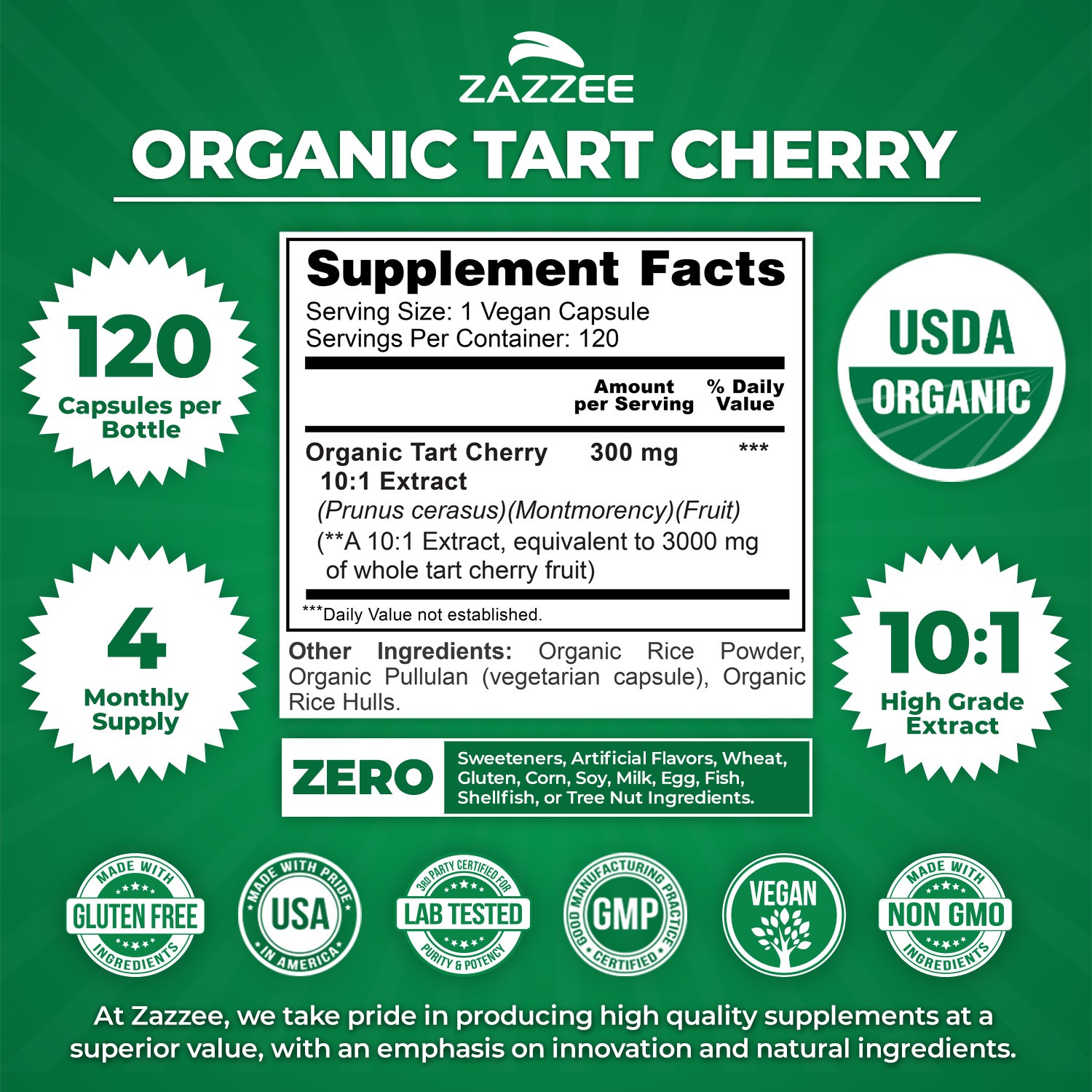 USDA Organic Tart Cherry Extract 120 Count Vegan 3000 mg Strength 10:1 Uric Acid