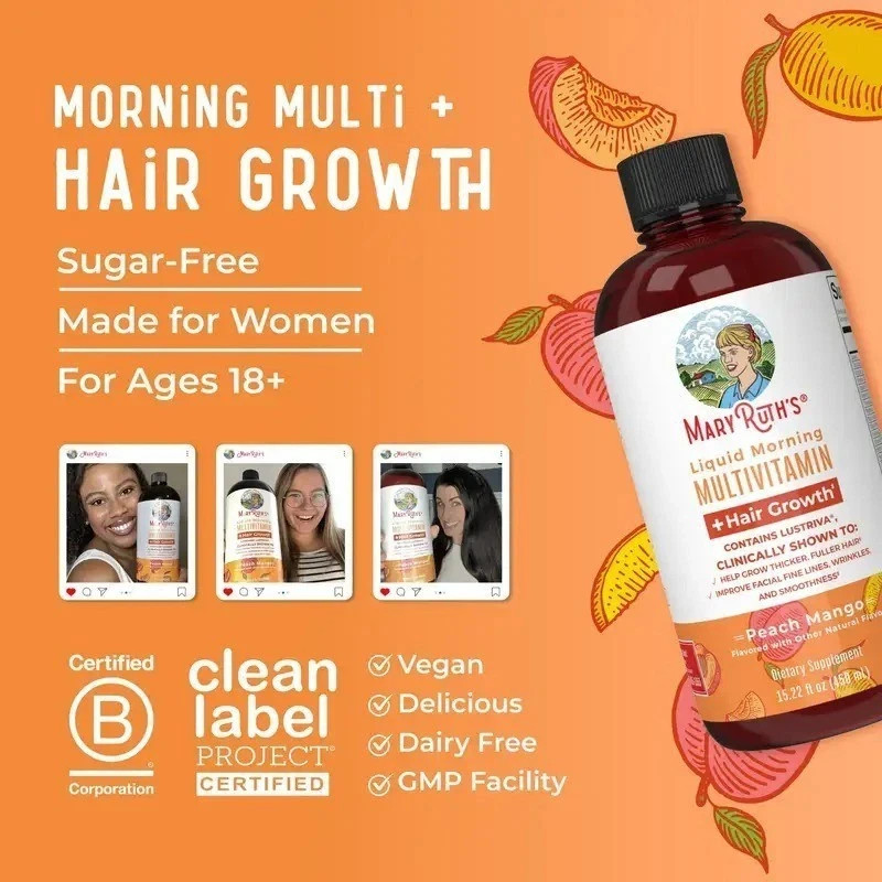 MaryRuth’s Liquid Multivitamin Hair Growth Women Biotin Peach Mango 450ml Fresh