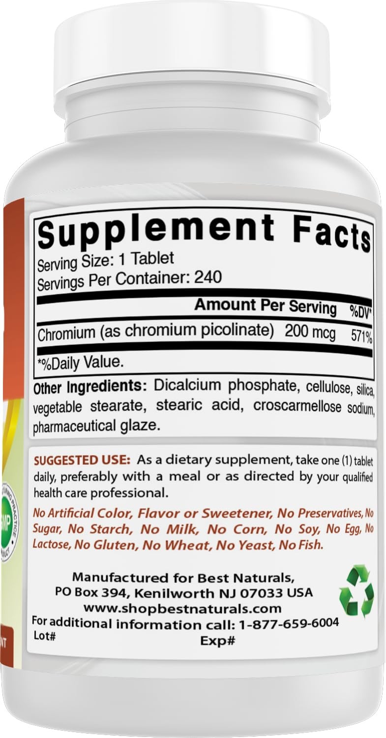 Best Naturals Chromium Picolinate Tablet, 200 240 Count (Pack of 1), No Color
