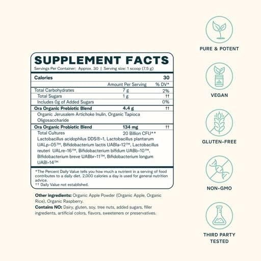 Ora Organic Prebiotic and Probiotic Powder Supplement 30 Servings (Pack of 1)