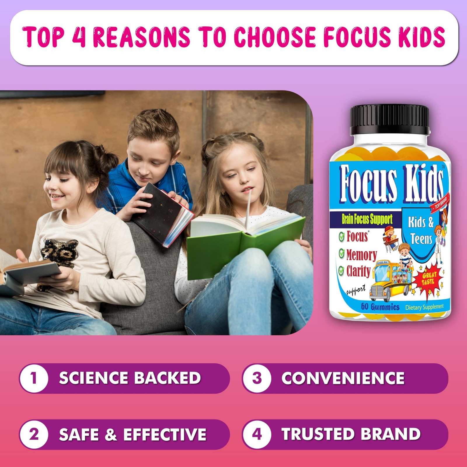 Focus Kids Gummies for Kids and Teens, Attention, Memory Concentration, Focu…