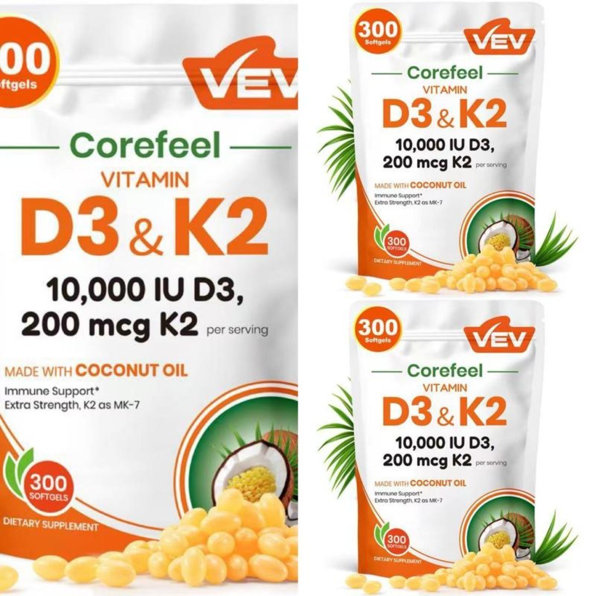 NEW VEV Vitamin D3 K2 10000 IU, 300 Coconut Oil Softgels, 2-in-1 D&K Supplement
