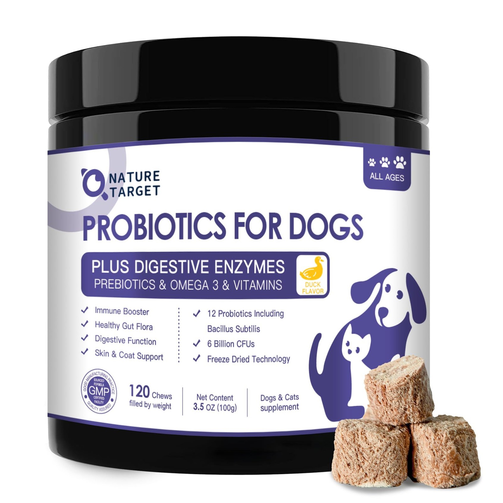 NATURE TARGET Probiotics for Dogs, Duck 120 Freeze Dried Chews, Brown