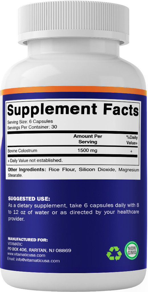 2 Pack Vitamatic Bovine Colostrum Supplement 1500 mg per Serving – 180 Capsule
