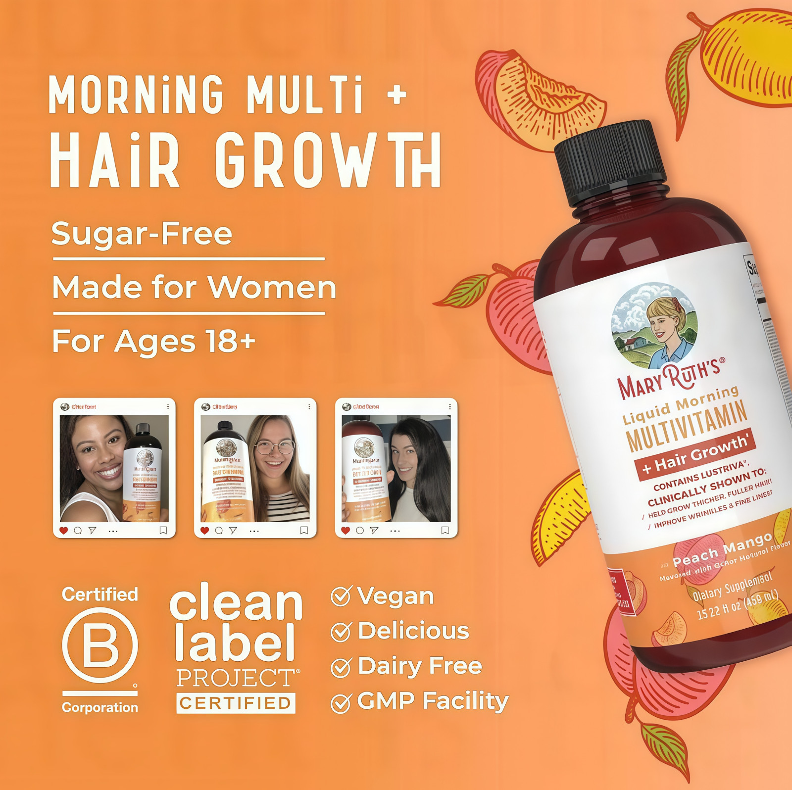 Mary Ruth’s Multivitamin + Hair Growth | 3 Pack | Peach Mango 15.22 oz brand…