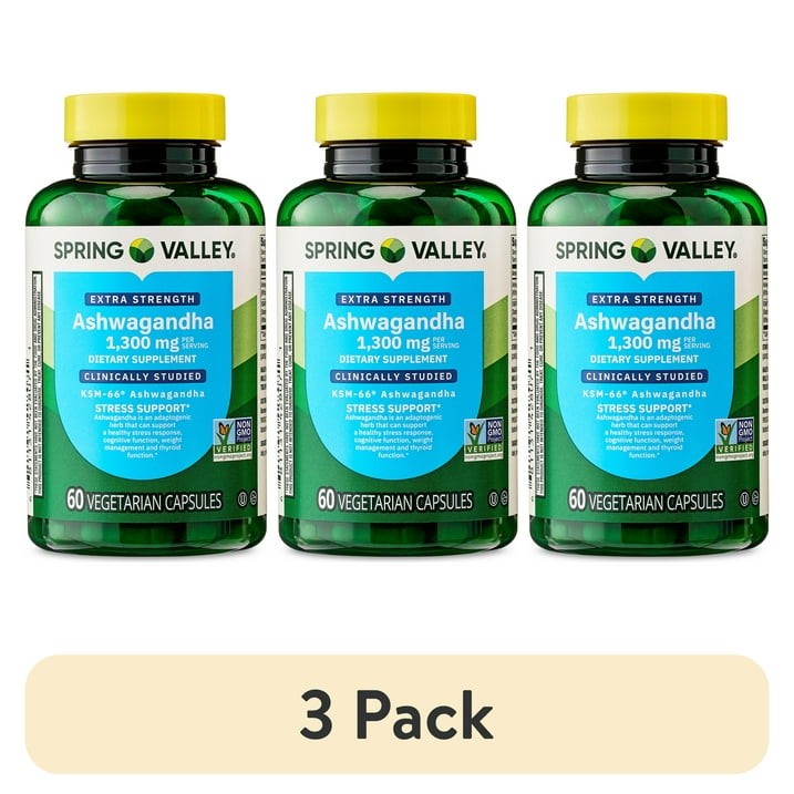 Spring Valley Ashwagandha 1300mg Supplement 60 Vegetarian Capsules (3 Pack)