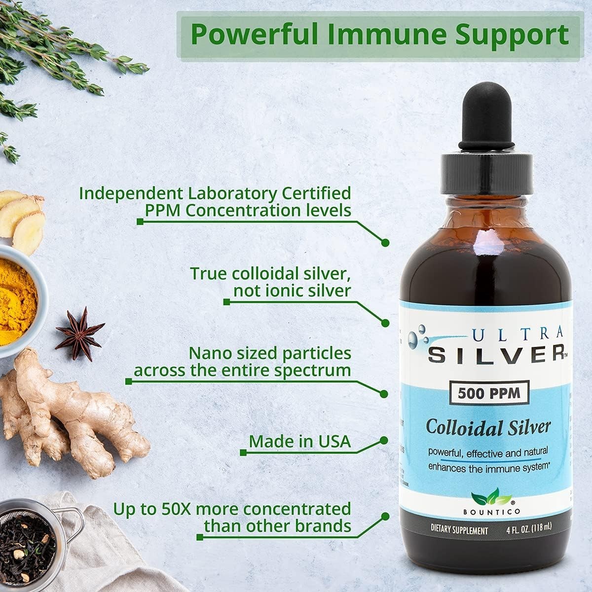 Ultra Silver Colloidal Silver 500PPM -Immune Support – 4oz Glass Dropper Bottle