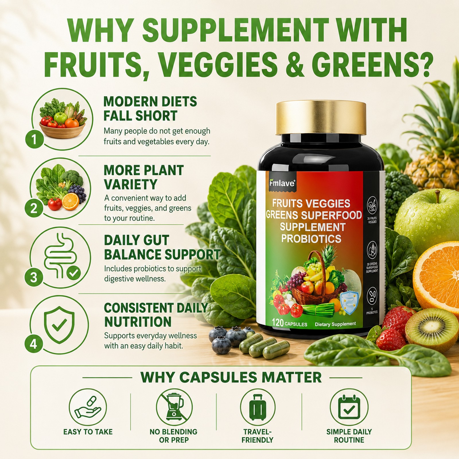 4pc 70 Fruits and Veggies Whole Food Supplement, Superfood & 5 Probiotic Strains