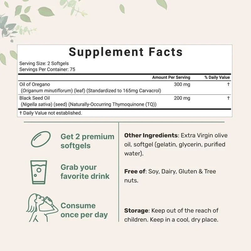 Pack 2 Oil of Oregano 6000mg with Black Seed Oil – 300 Softgels 2 in 1 Immune