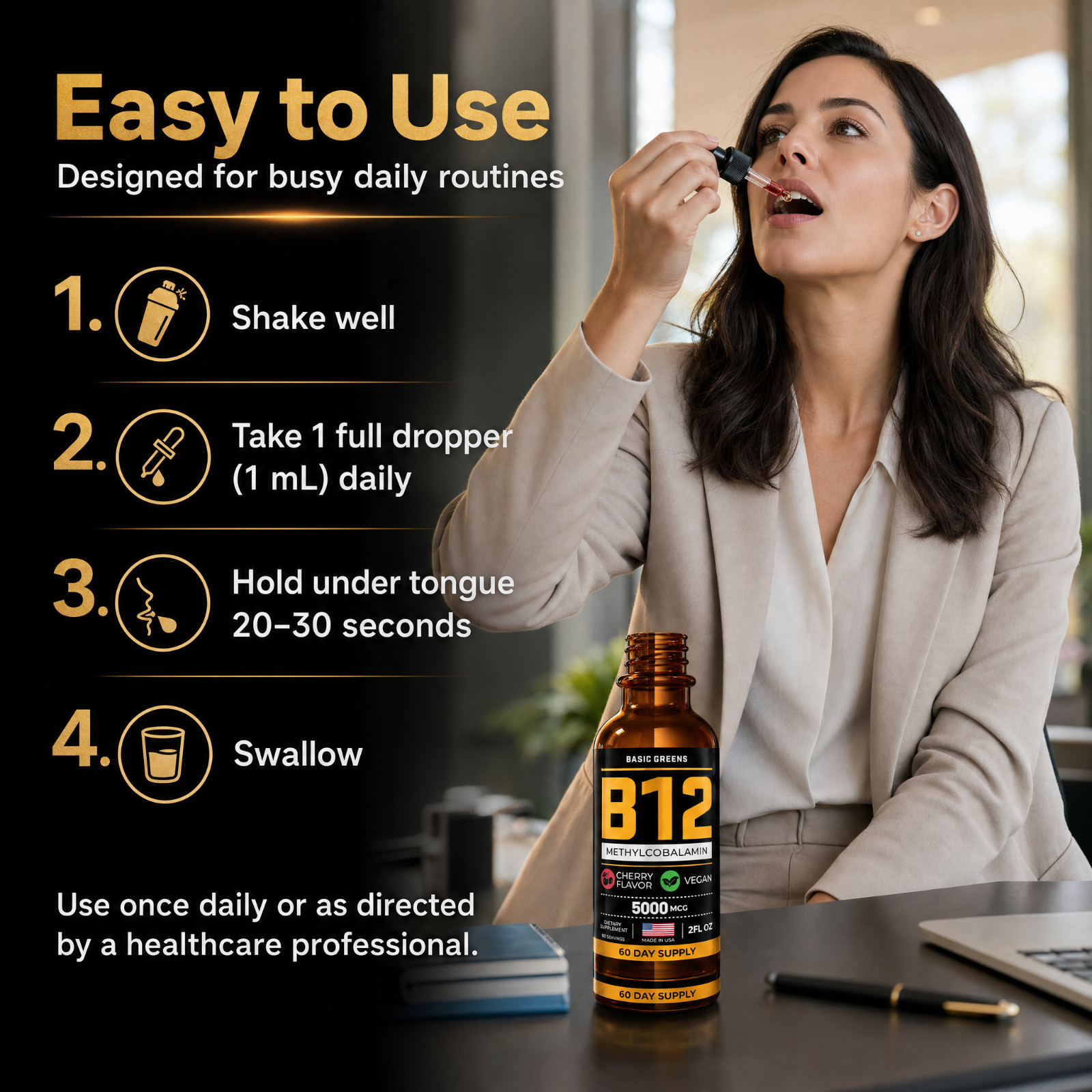 BASIC GREENS B12 Liquid Drops 5000mcg Sublingual Methylcobalamin Vegan 2oz