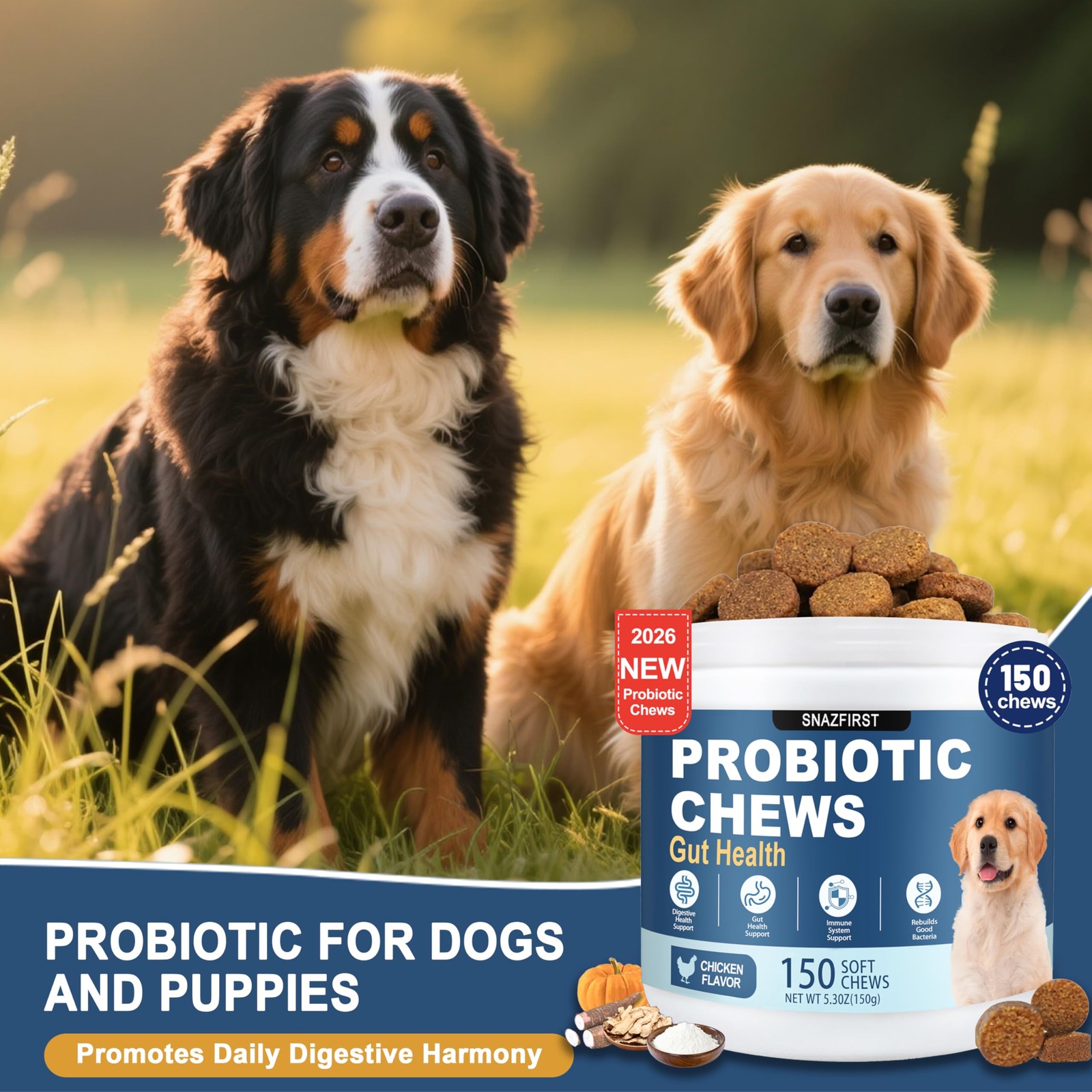 SnazFirst Probiotics for Dogs, Dog Chews 150 CHEW, Brown