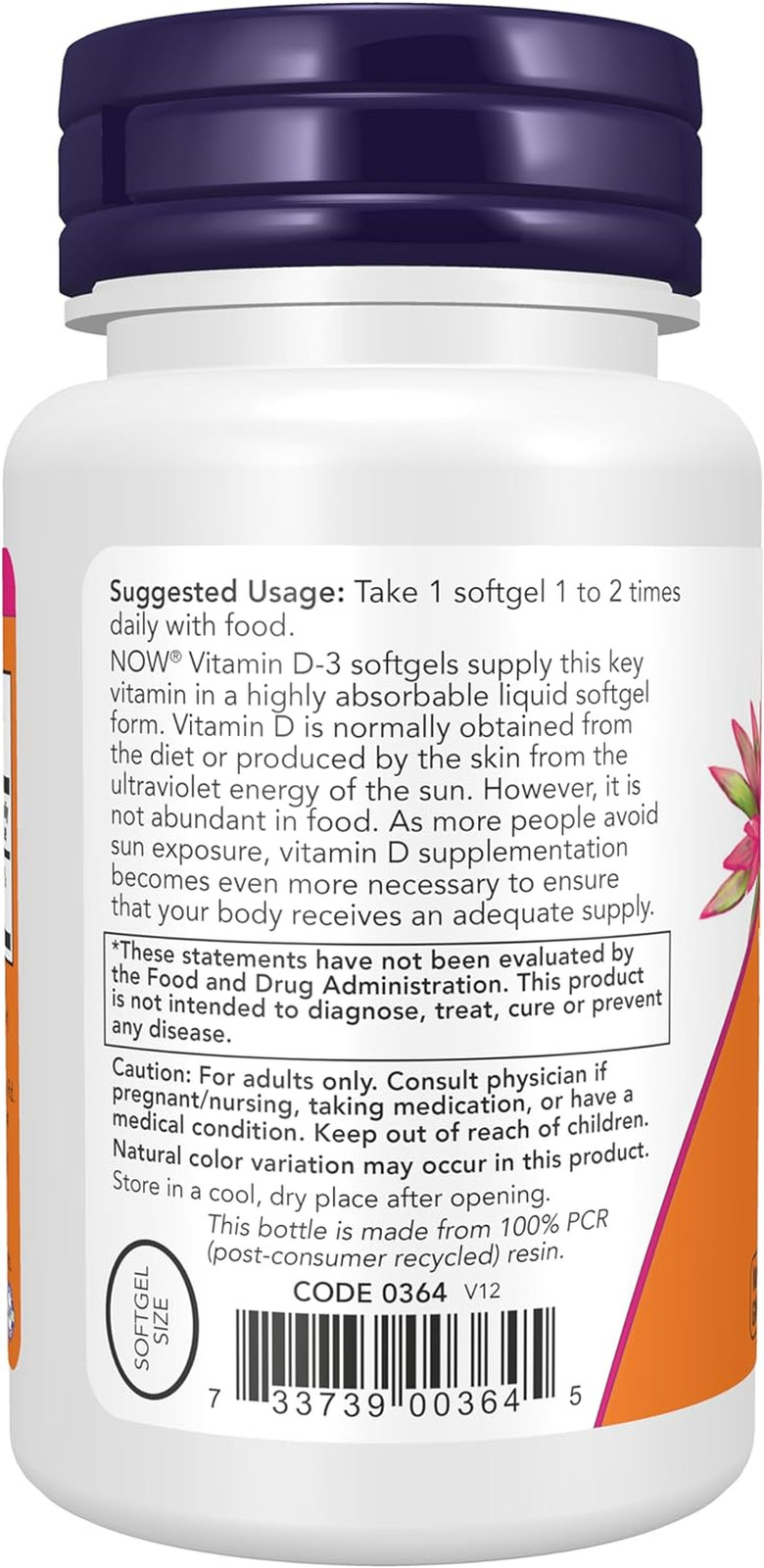 NOW Foods Vitamin D-3 400 IU, Strong Bones*, Structural Support, 180 Softgels