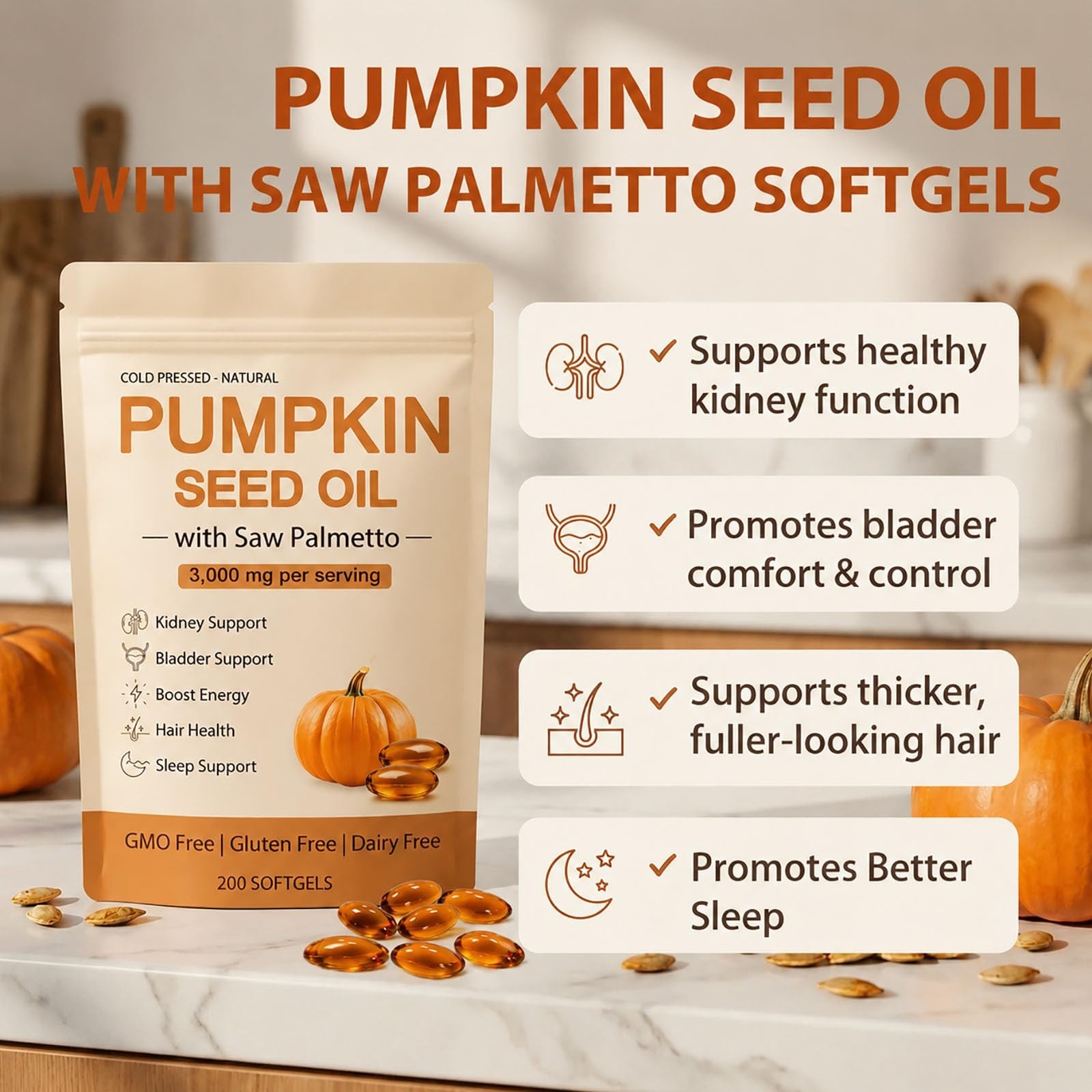 Pumpkin Seed Oil Softgels 3000mg with Saw Palmetto – Kidney Support, Hair Growth
