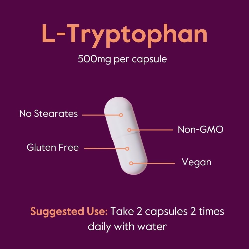 120 Capsules of Non-GMO L-Tryptophan 500mg – , Gluten-Free Relaxation Aid