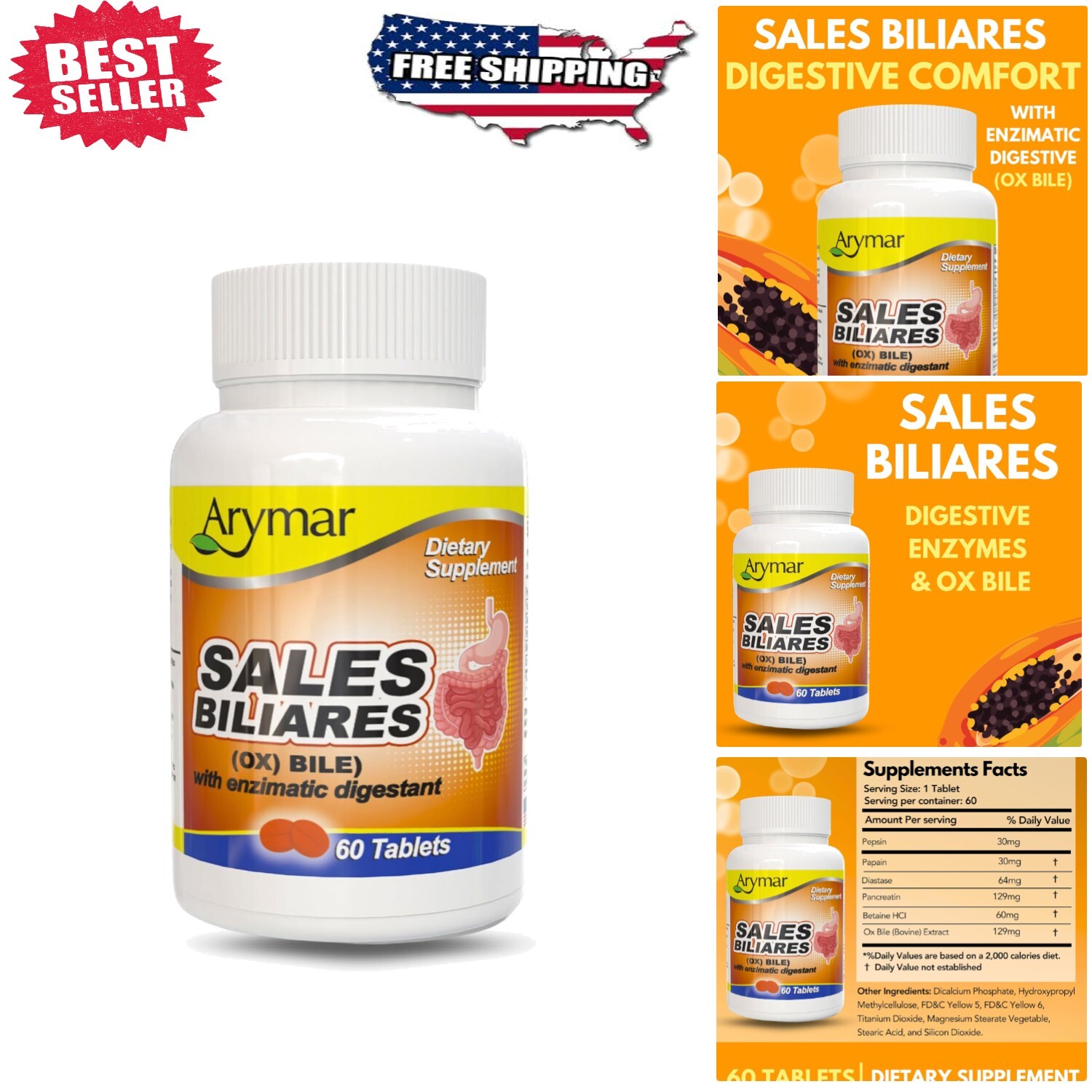 Sales Biliares Ox Bile Supplement with Digestive Enzymes – 60 Natural Tablets