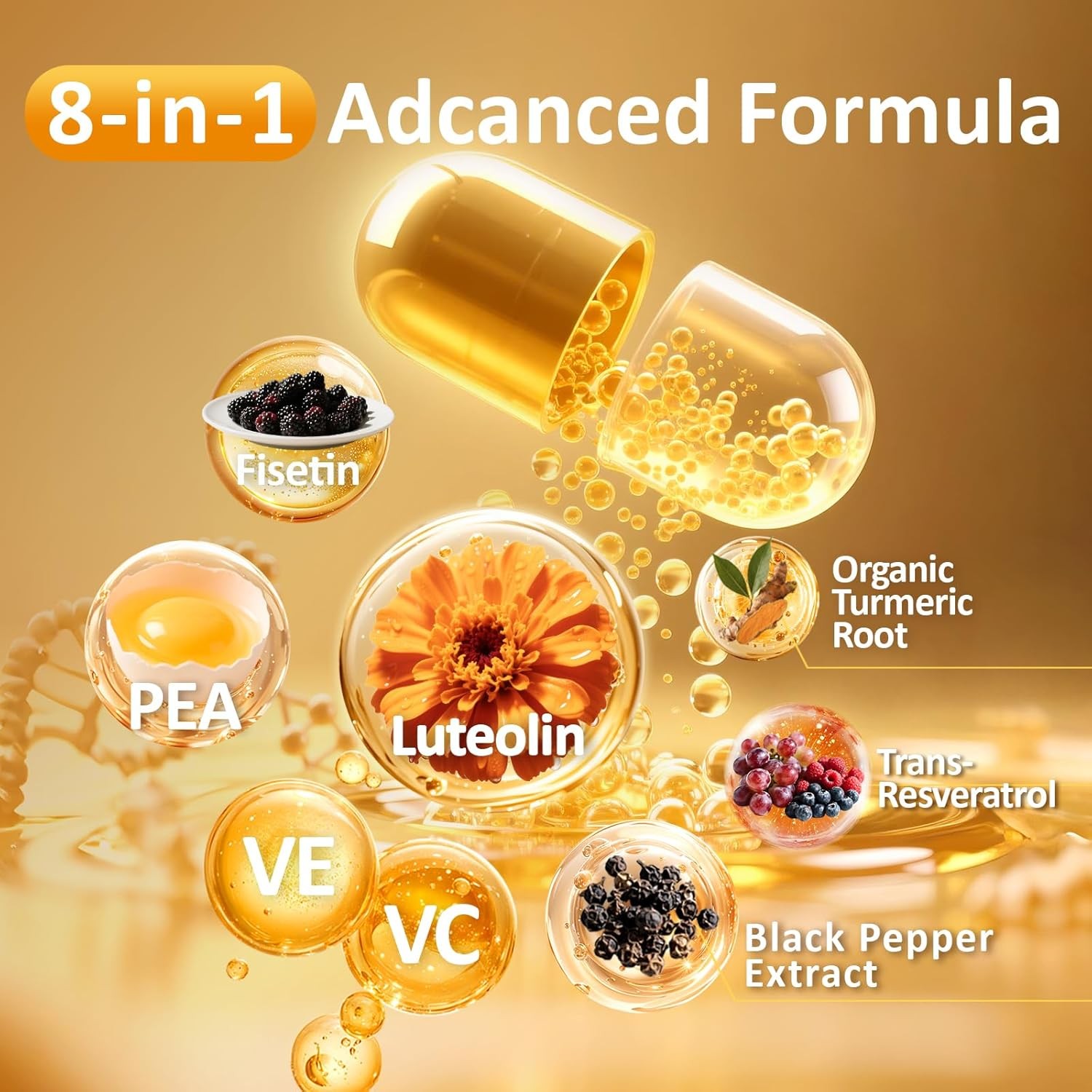 1500MG Liposomal Luteolin Supplement w/ Fisetin, Pea, Turmeric, Potent Flavonoid