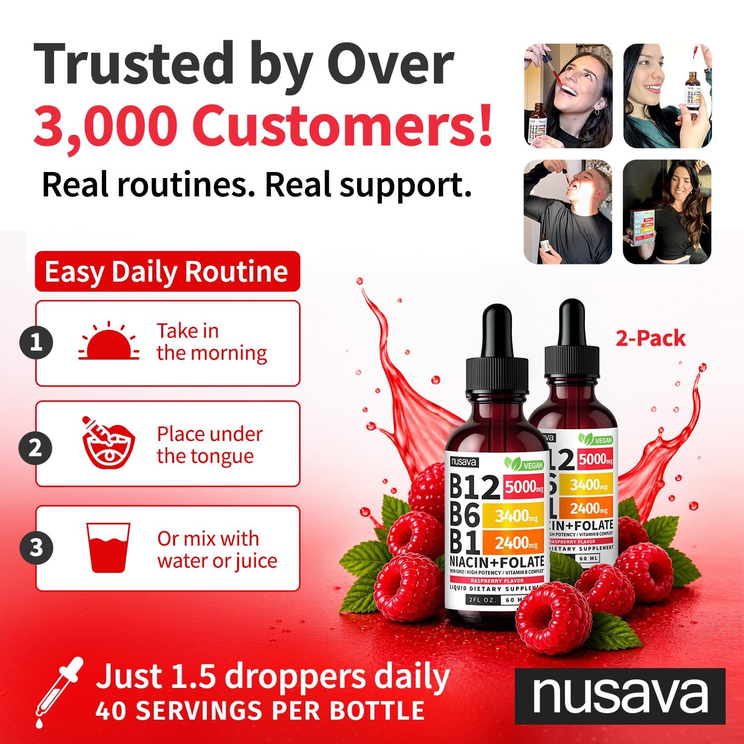 NUSAVA B12 Liquid Drops 5000mcg, Raspberry, Pack of 2 | Energy, Brain and Heart