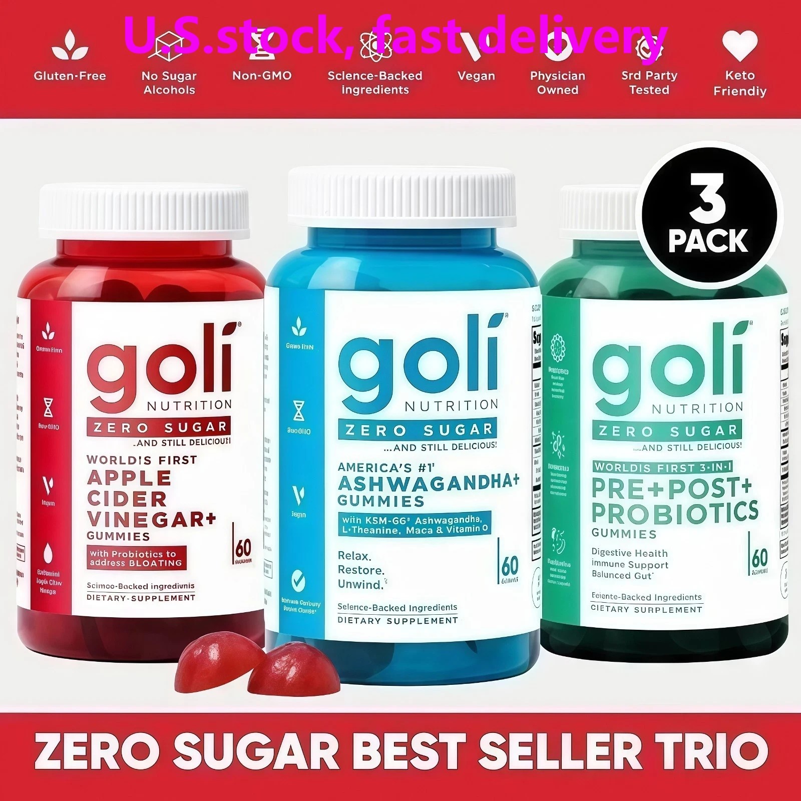 Goli Zero Sugar 2026 Trio – 3 Flavors, 3 x 60 Gummies