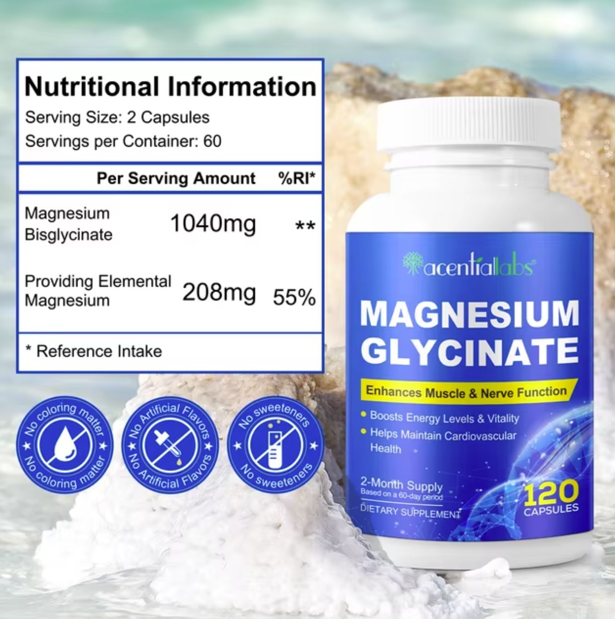 Magnesium Glycinate 1040mg 120 Capsules for Calm Stress, Sleep, Leg Cramp, Heart