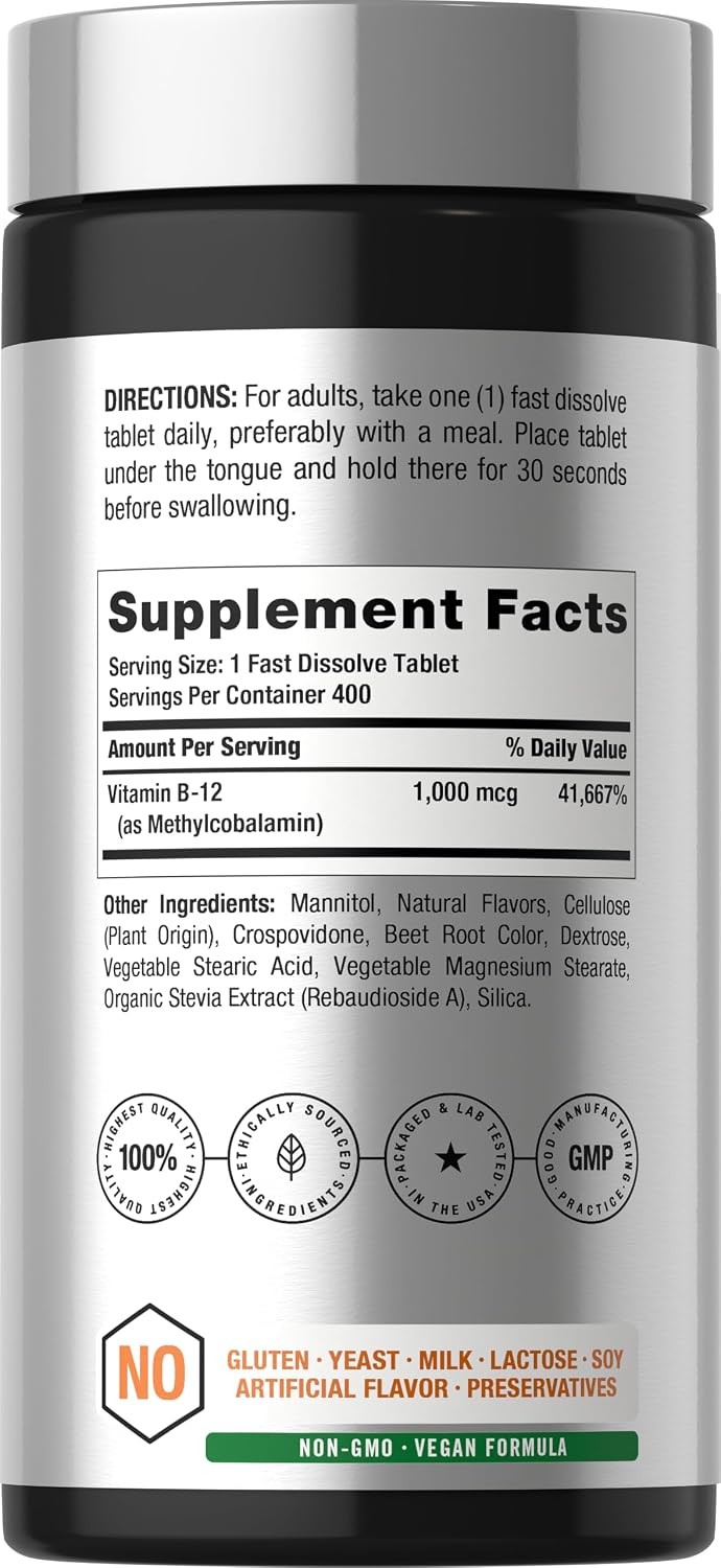B12 Sublingual 1000 mcg | 400 Dissolvable Vitamins | Vegan Tablets | by Horbaach