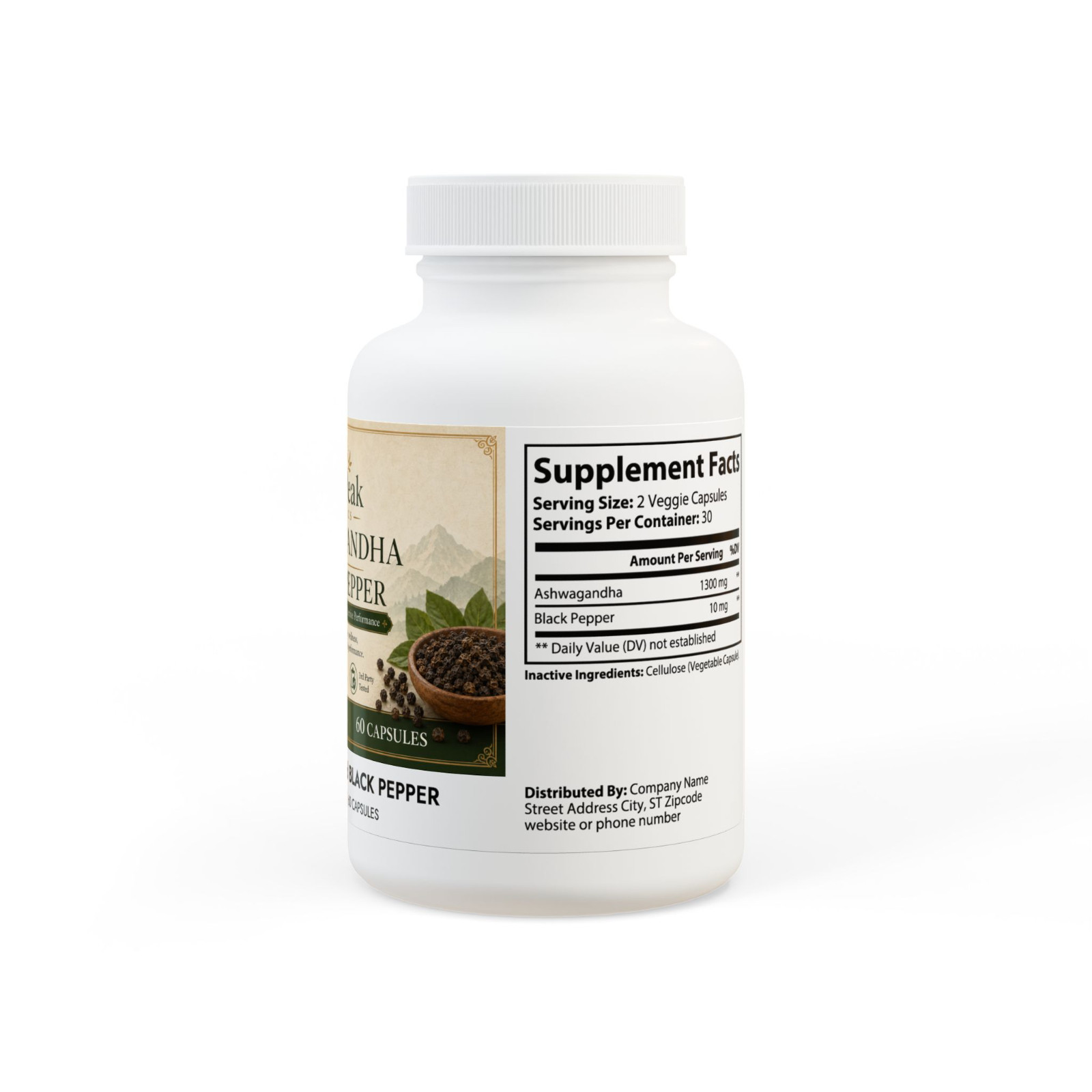 Ashwagandha Black Pepper 60 Capsules Stress Support Vegan Non-GMO Supplement