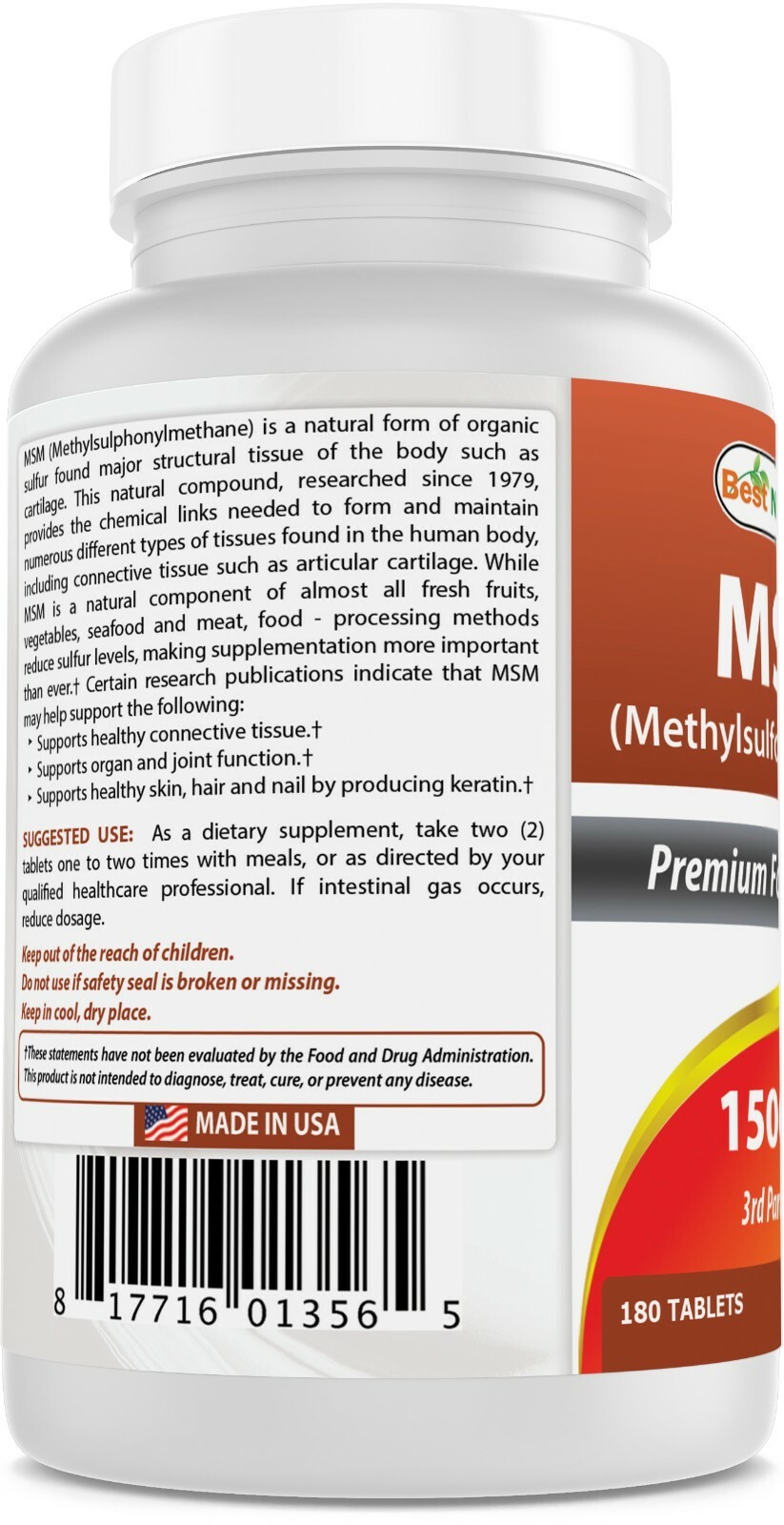 2 Pack Best Naturals MSM 1500 mg 180 Tablets