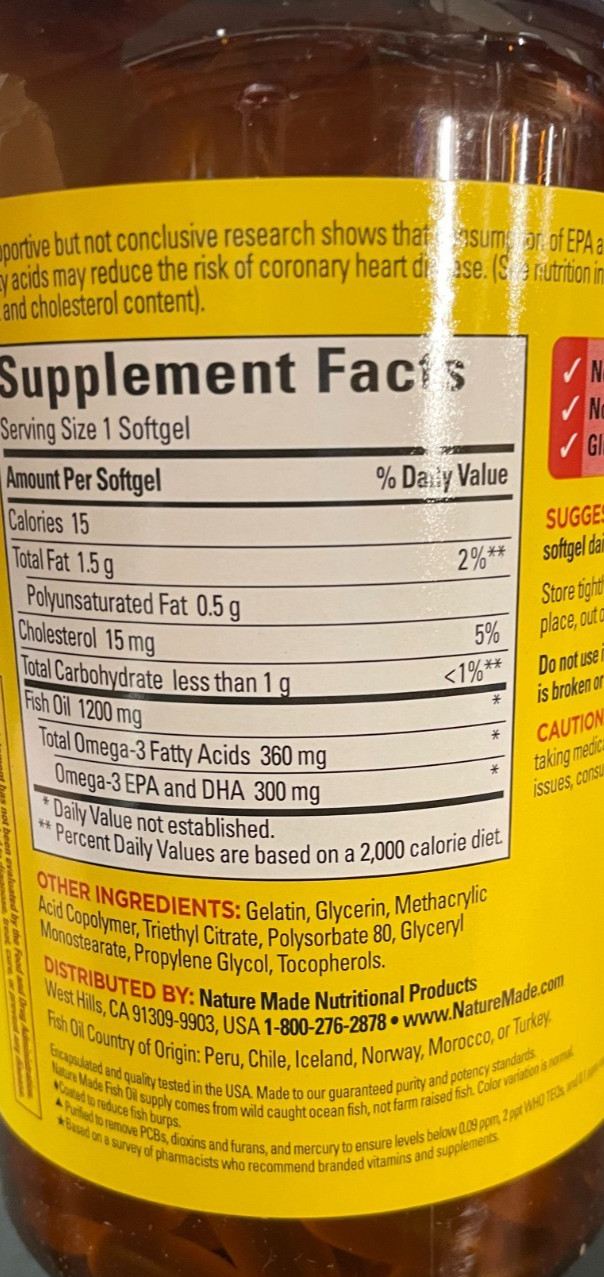 Fish Oil 1200 mg 240 Softgels Nature Made 360 mg Omega 3 Burp Less EXP 4/2028