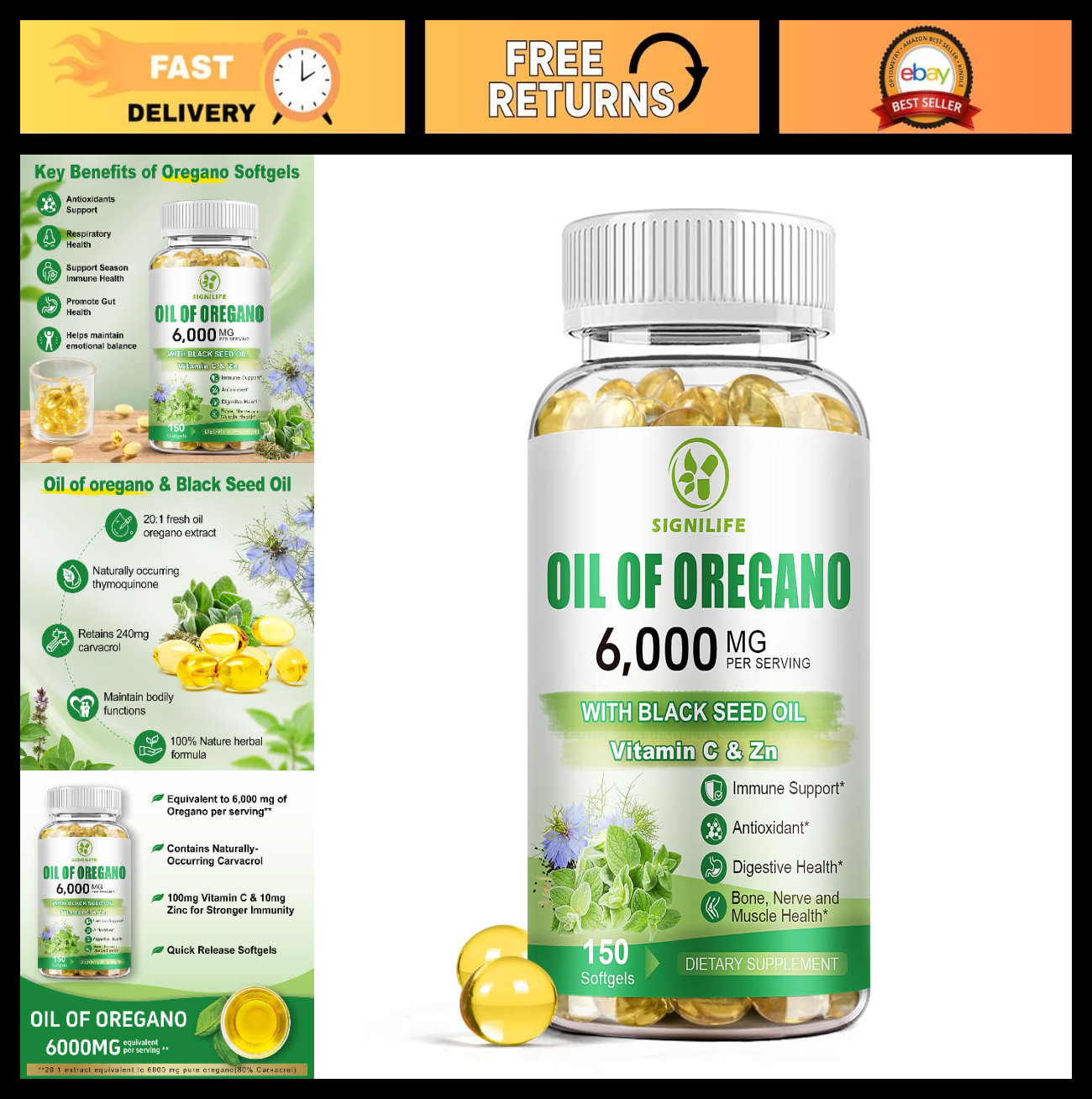 Oregano Oil & Black Seed Oil 6000mg, 150 Softgels | Immune Support, Antioxidant,