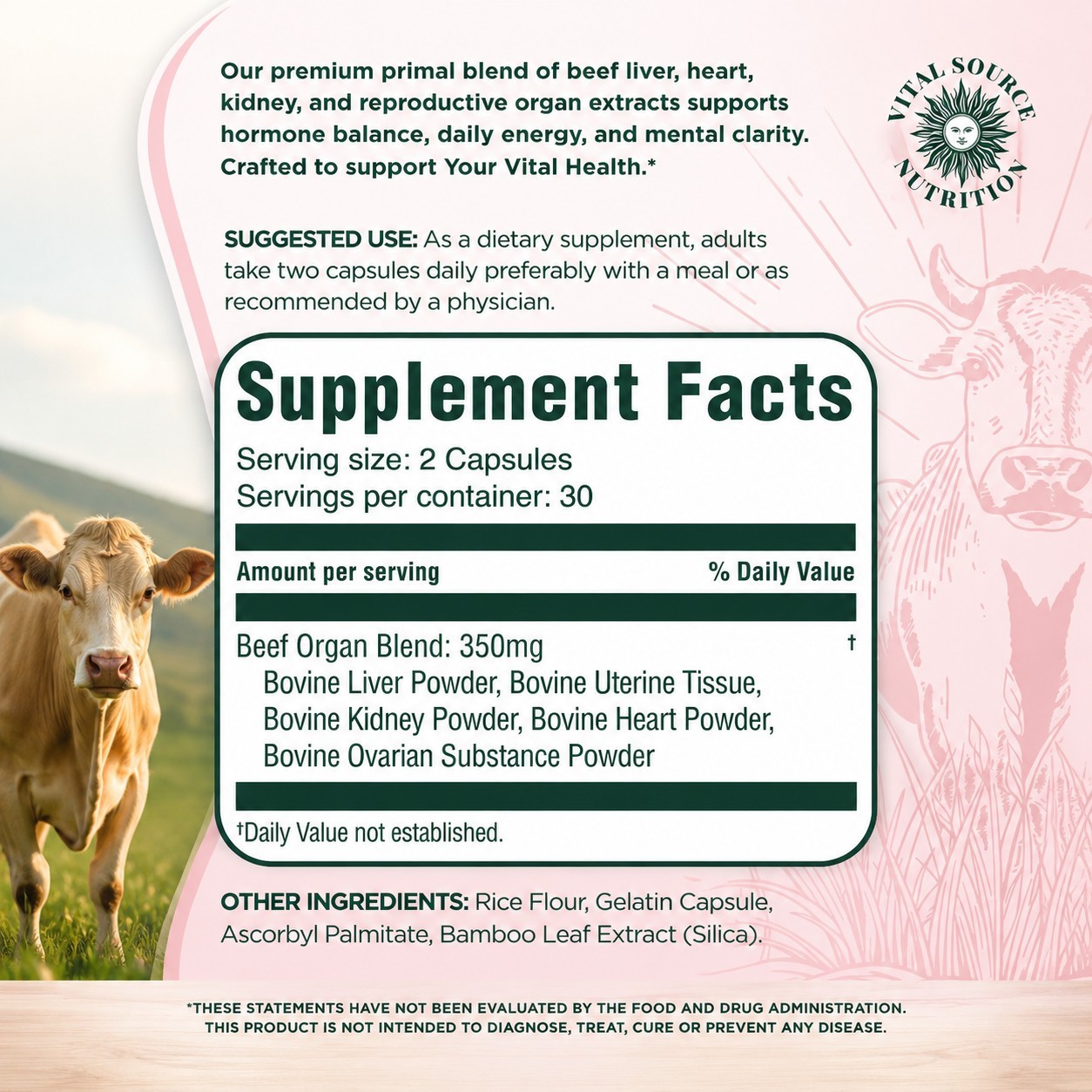 Vital Source BiFi Primal Bovine Organ Capsules Women Hormone Energy Support 60ct