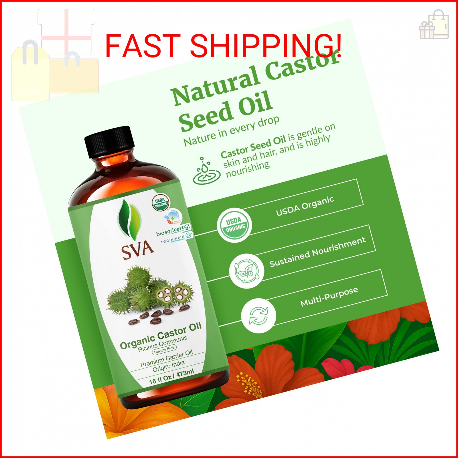 SVA Castor Seed Oil Organic – 16 Fl Oz – 100% Natural Cold Pressed Organic Casto