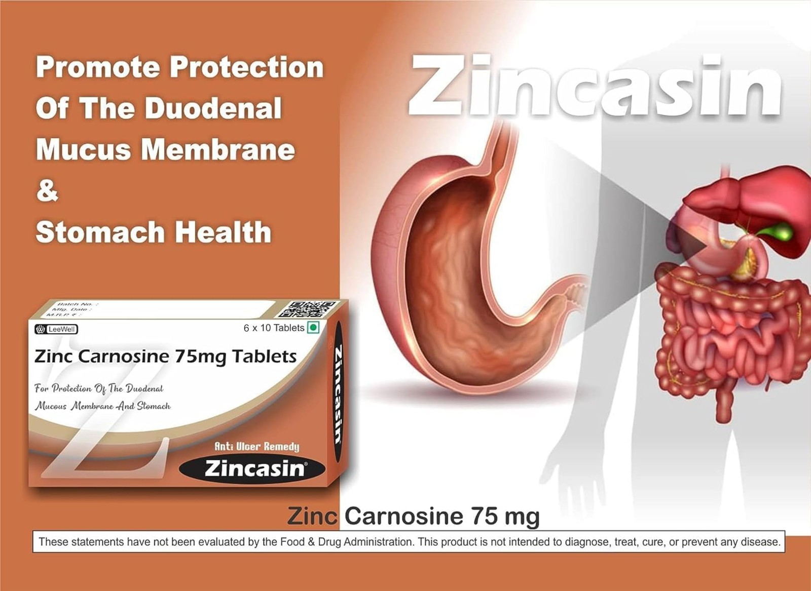 Zincasin Zinc L-Carnosine 75mg x60 | Gut, Immunity, Skin, Hair, Ulcer & IBS Supp