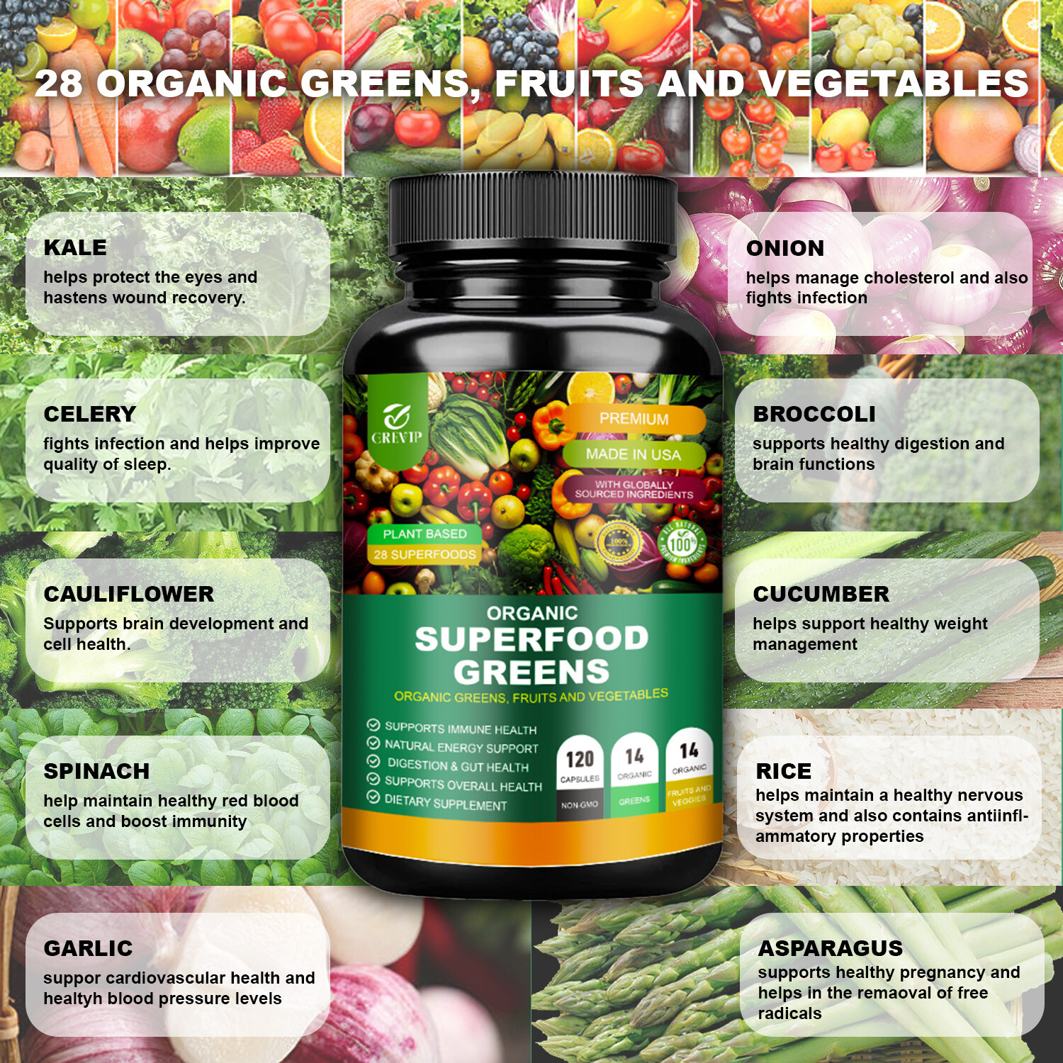 120pcs Organic Superfood Greens – Includes Greens, Fruits & Veggies-Boost Energy