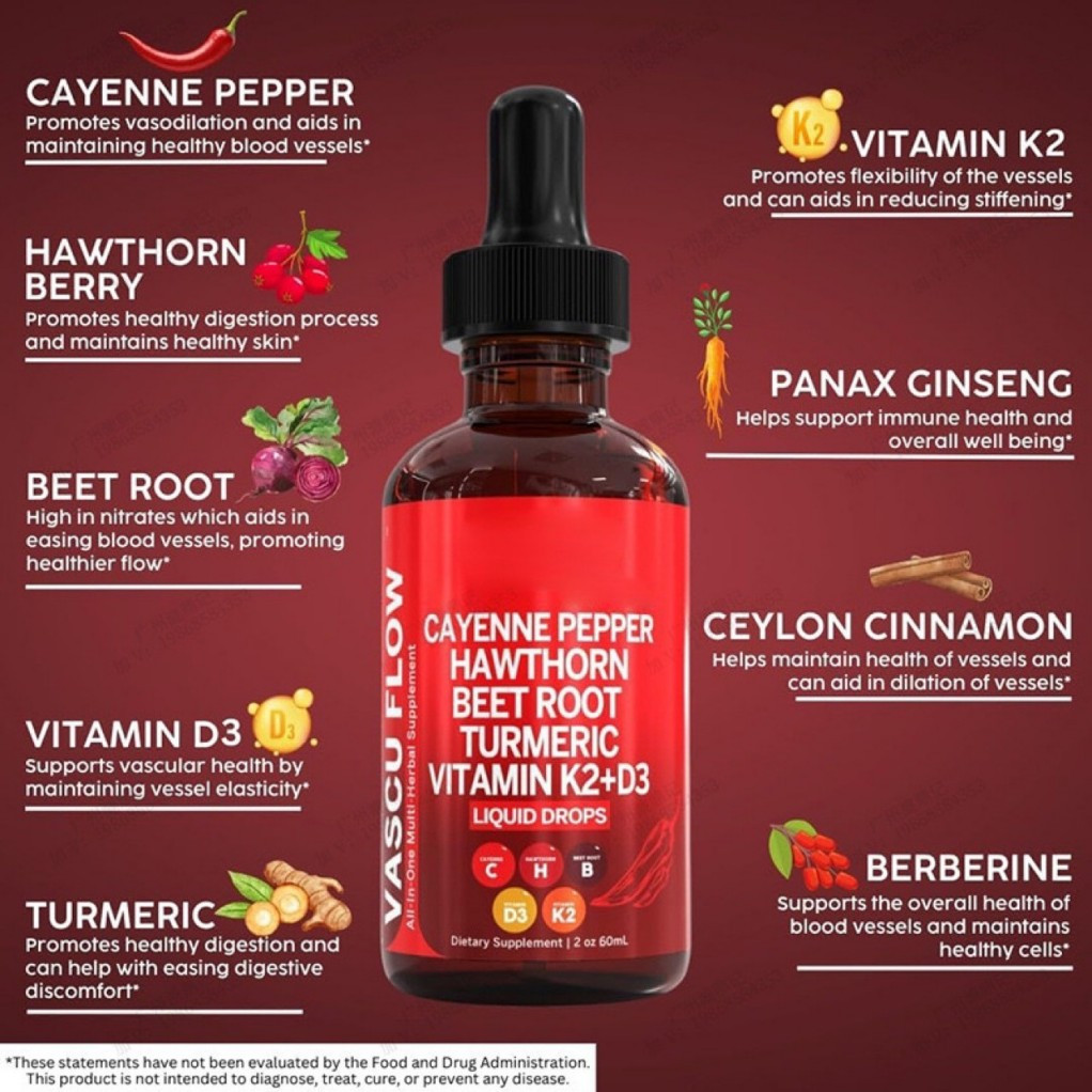 60ML Cayenne Pepper Hawthorn Beet Root Turmeric Vitamin K2+D3 Liquid Drops