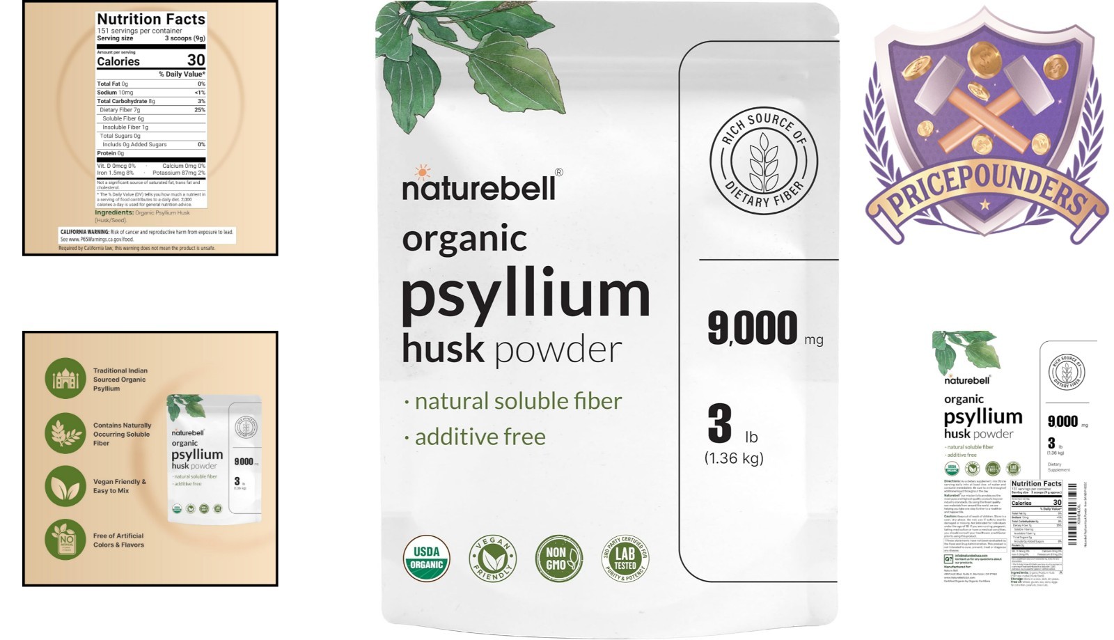 Organic Psyllium Husk Fiber Powder 9g per Serving 3lb for Digestive Gut Health