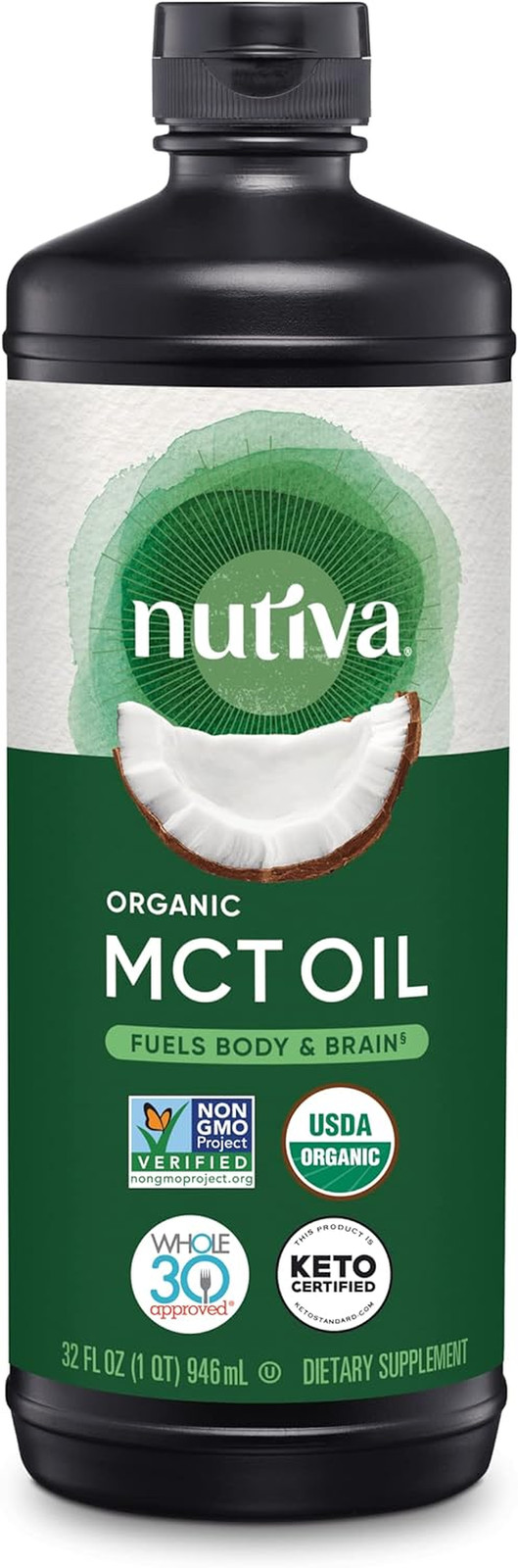 Nutiva Organic MCT Oil Unflavored 32 Oz USDA Organic Non-GMO Neutral Flavor USA