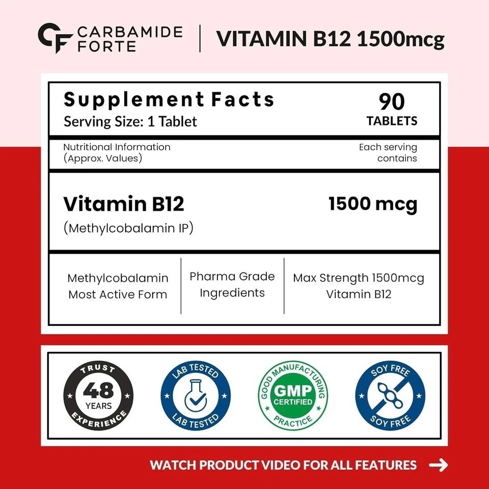 Carbamide Forte Methylcobalamin B12 1500mcg 90 Veg Tablets for Vitality j157