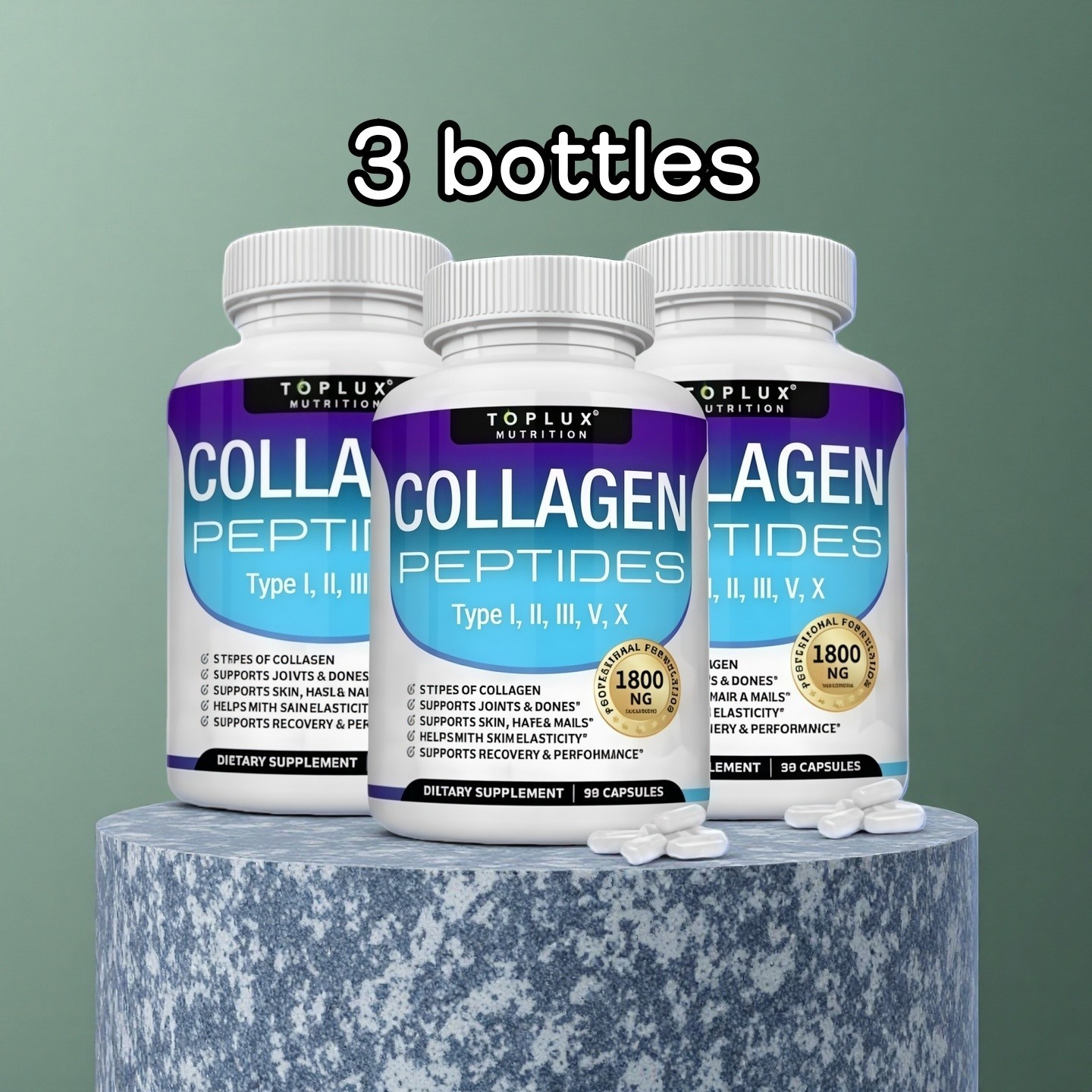 3PCS Toplux Multi Collagen Peptides Pills 1800 Mg Complex-Type I, II, III, V, X