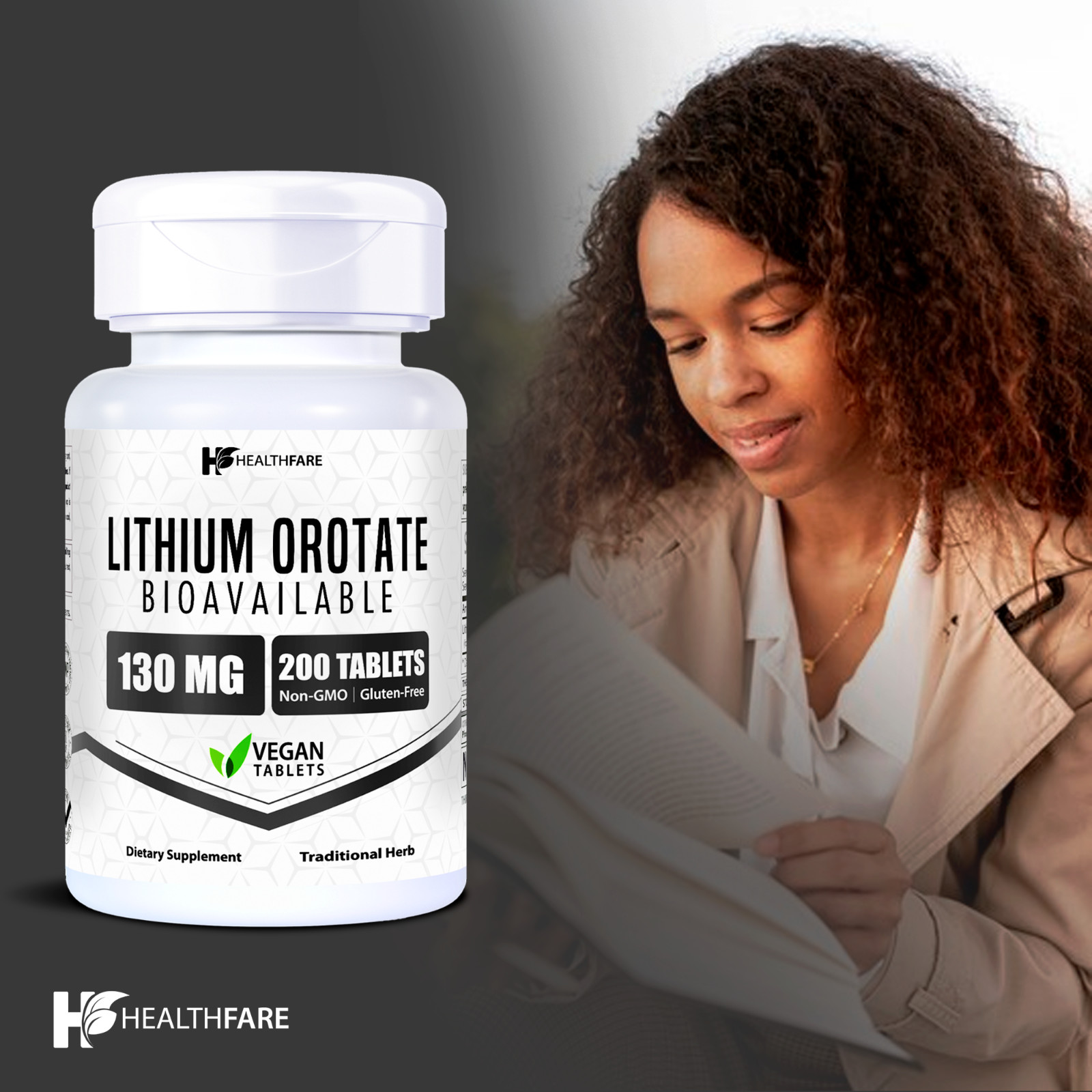 HealthFare Lithium Orotate 130mg | 200 Vegan Tablets | High Bioavailability