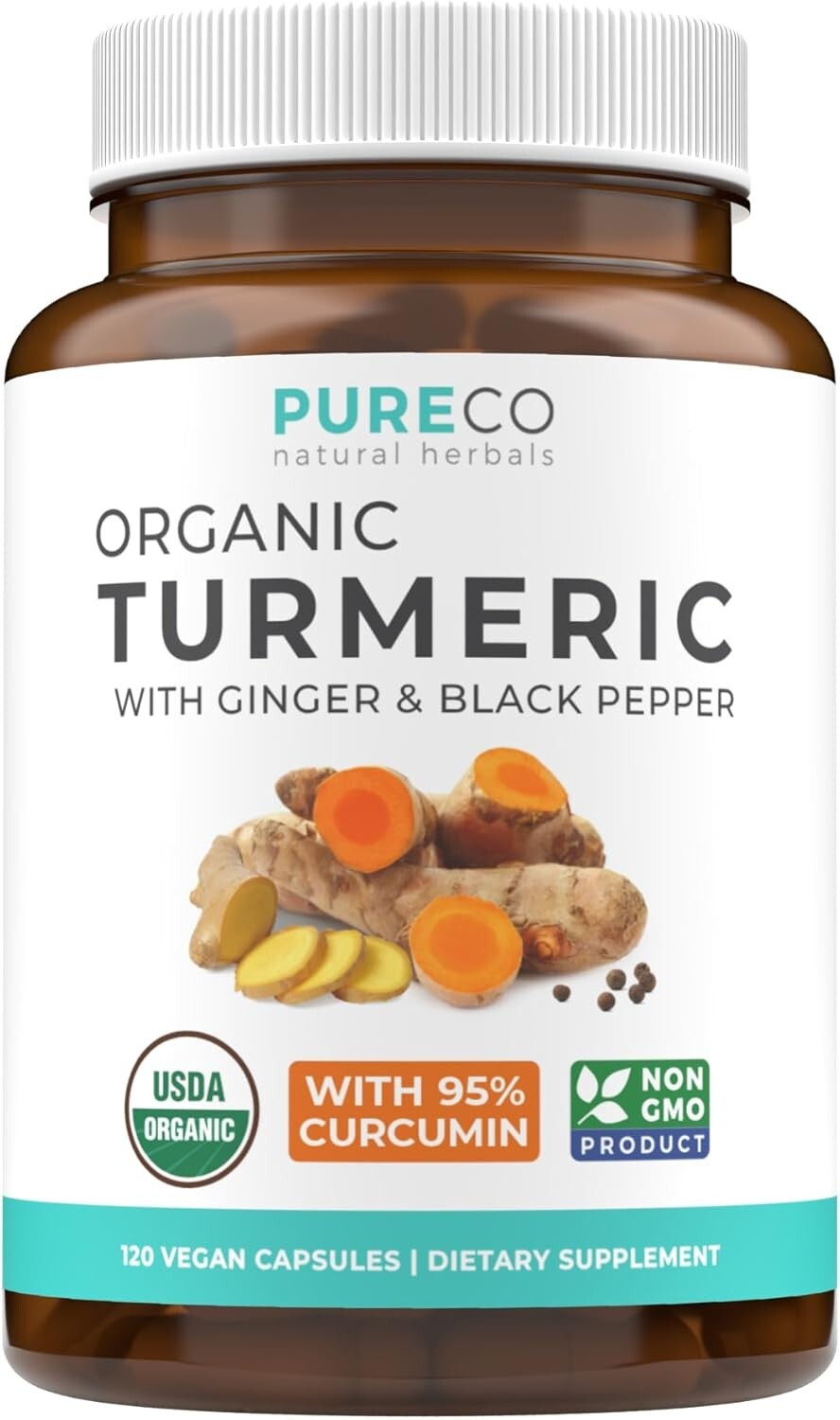 USDA Organic Turmeric Curcumin with Black Pepper Ginger, 4 Month Supply, 120ct