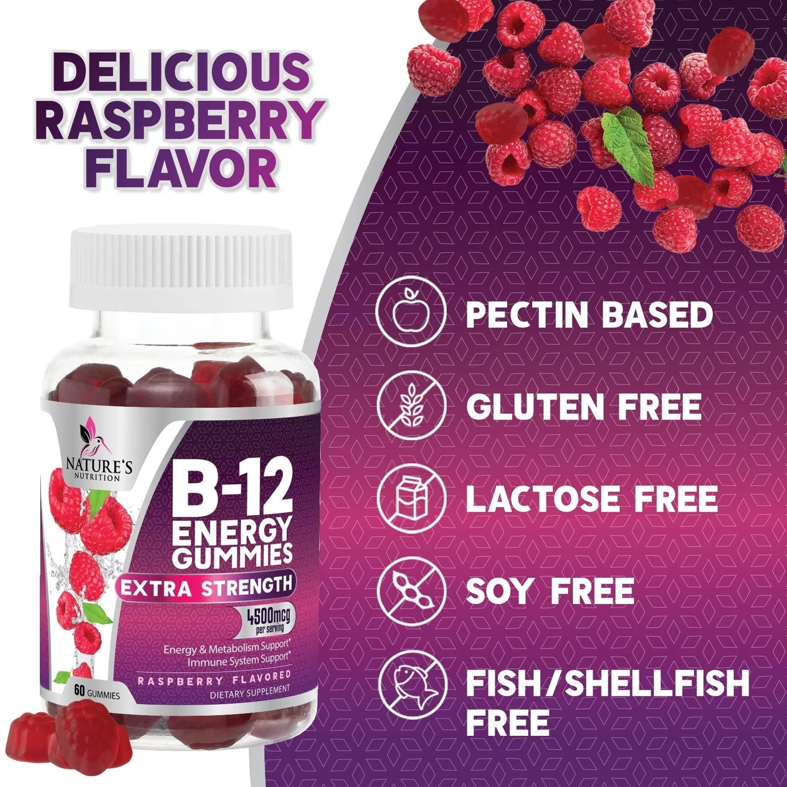 Vitamin B12 Energy Gummies – Extra Strength 4500mcg Chewable for Energy, Metabol