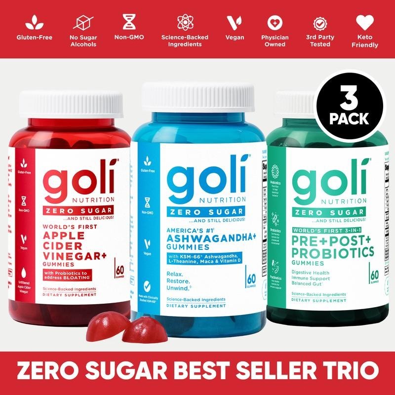 3 BottlesGoli Zero Sugar Trio -ACV Ashwagandha & Probiotic Gummies60 Caps/Bottl