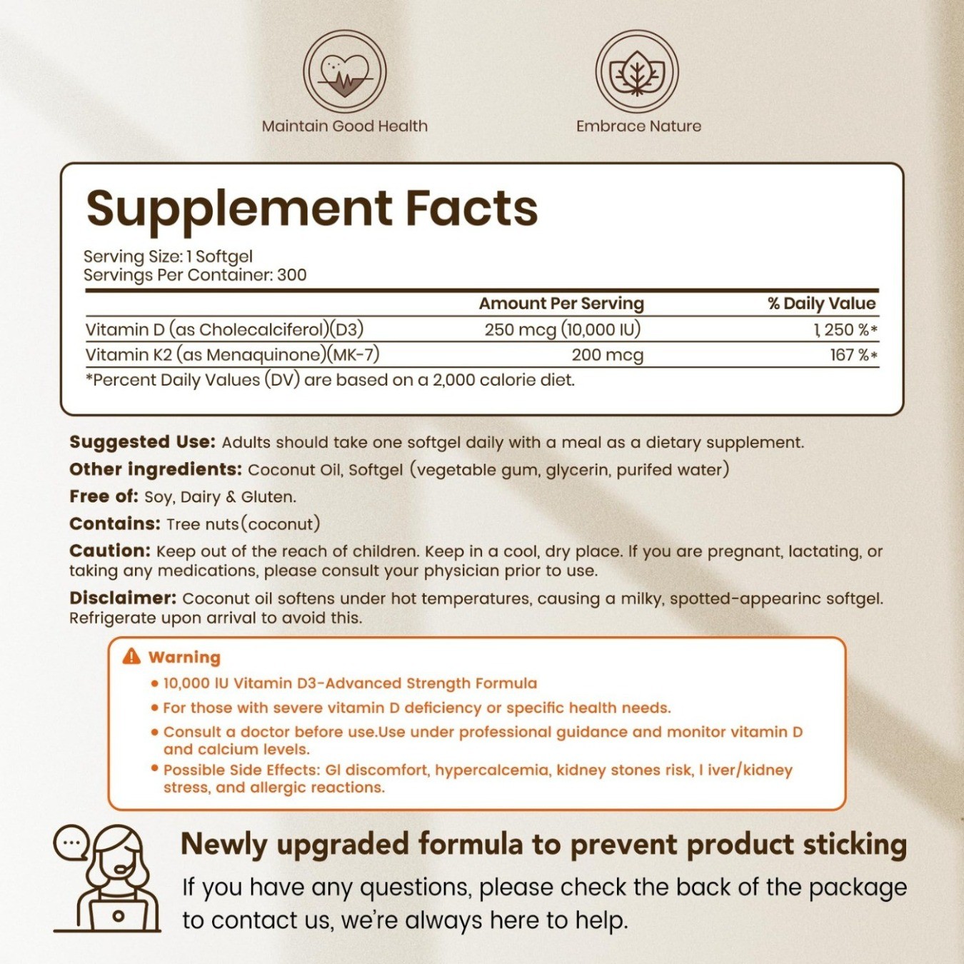 K2 Corefeel Vitamin D3 VEV 10,000 IU, 200 mcg MK-7, 300 Coconut Oil Softgels