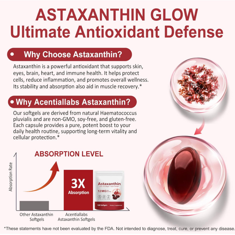 Astaxanthin 12mg 120 Softgels, 4 Month Supply,Triple Strength,Non-GMO,Eye Health