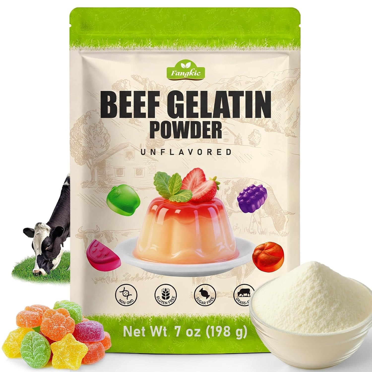 Beef Gelatin Powder Unflavored, 7 Oz/198 G Grass Fed Gelatin Powder, Premium Thi