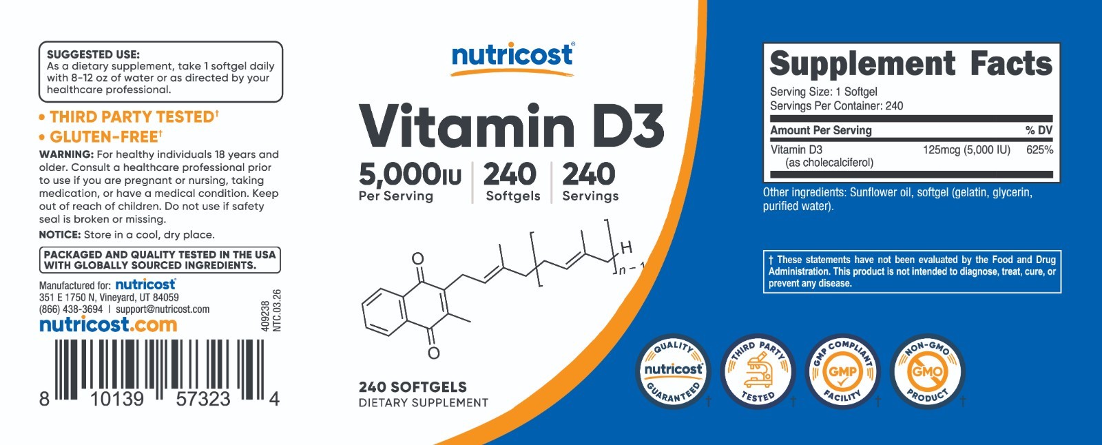 Nutricost Vitamin D3 5,000 IU, 240 Softgels – Gluten Free & Non-GMO